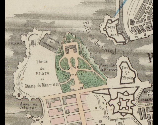 Plaine du Pharo ou Champ de manœuvres : détail du plan de Marseille imprimé en 1866 par F. Raibaud.  &copy;Bibliothèque nationale de France.